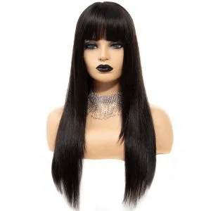 Virgin Human Hair Wig Straight Bangs Natural Black